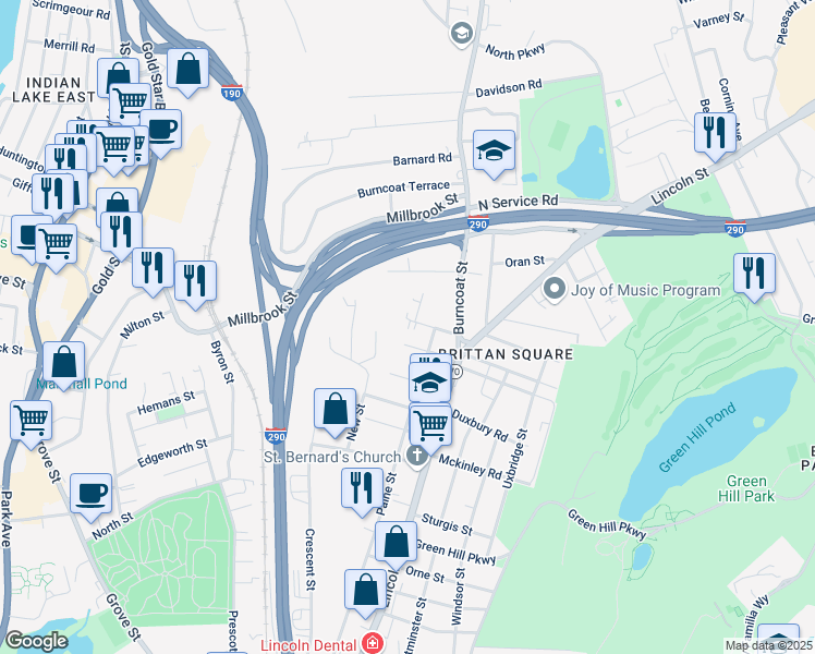 map of restaurants, bars, coffee shops, grocery stores, and more near 18 Melville Street in Worcester