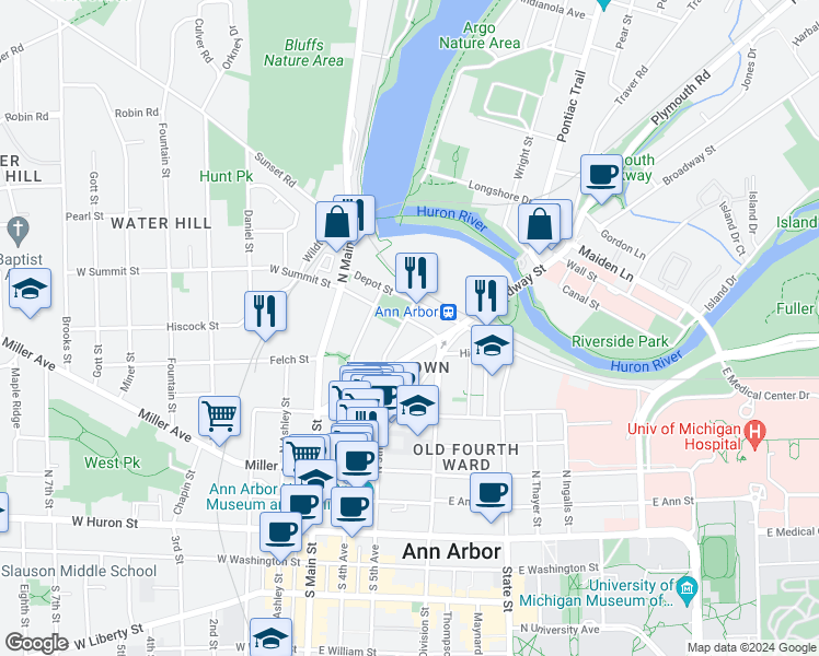 map of restaurants, bars, coffee shops, grocery stores, and more near 200 Depot Street in Ann Arbor