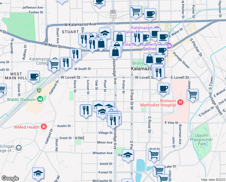 map of restaurants, bars, coffee shops, grocery stores, and more near 426 South Westnedge Avenue in Kalamazoo