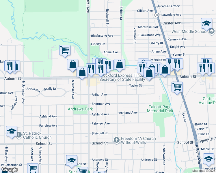 map of restaurants, bars, coffee shops, grocery stores, and more near 1115 Irving Avenue in Rockford