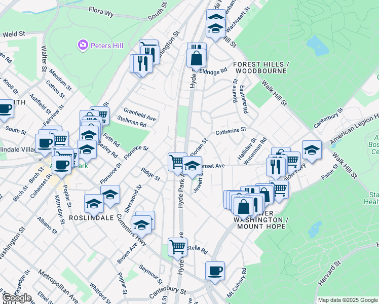 map of restaurants, bars, coffee shops, grocery stores, and more near 374 Hyde Park Avenue in Boston