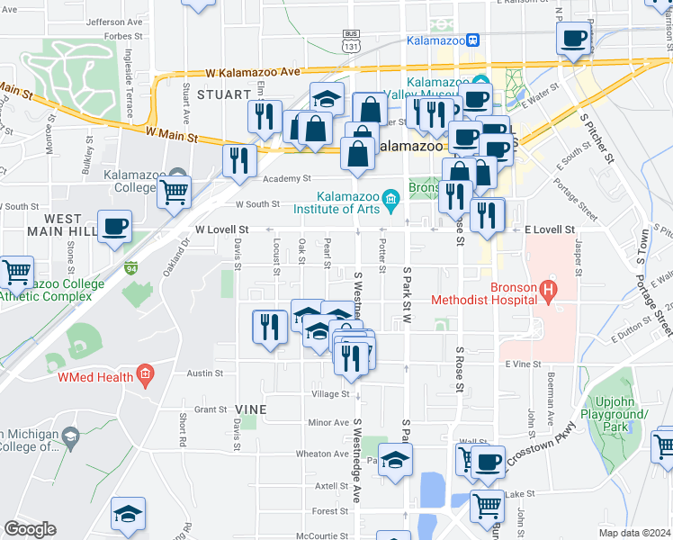 map of restaurants, bars, coffee shops, grocery stores, and more near 523 West Cedar Street in Kalamazoo