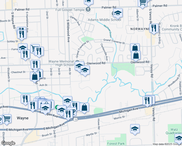map of restaurants, bars, coffee shops, grocery stores, and more near 3001 4th Street in Wayne
