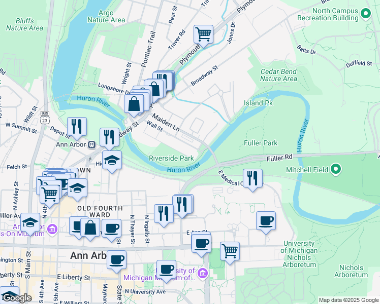 map of restaurants, bars, coffee shops, grocery stores, and more near 1050 Wall Street in Ann Arbor