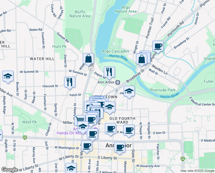 map of restaurants, bars, coffee shops, grocery stores, and more near 724 North 5th Avenue in Ann Arbor