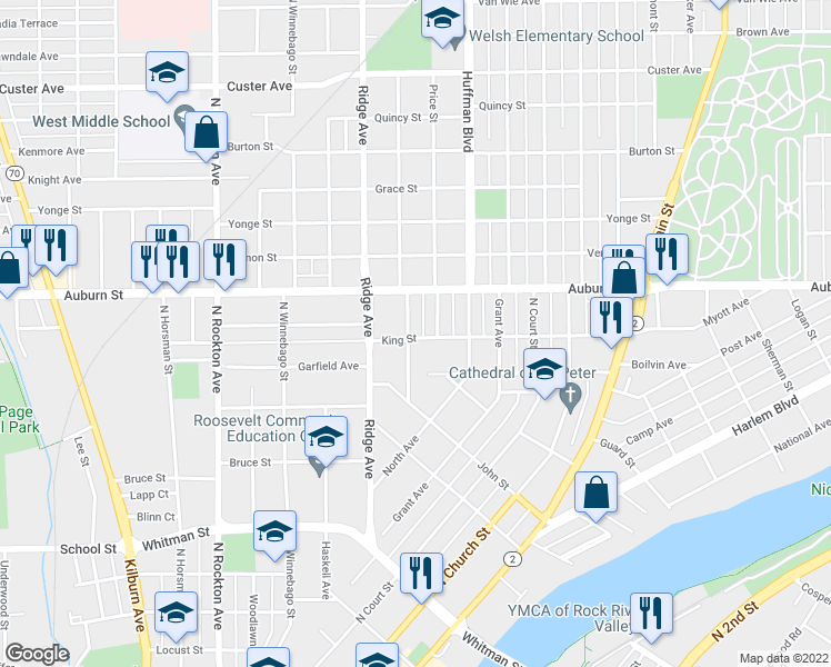 map of restaurants, bars, coffee shops, grocery stores, and more near 825 King Street in Rockford