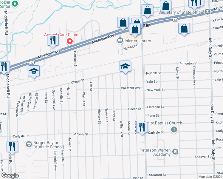 map of restaurants, bars, coffee shops, grocery stores, and more near 3204 Henry Street in Inkster