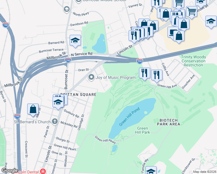 map of restaurants, bars, coffee shops, grocery stores, and more near 21 Dixon Avenue in Worcester