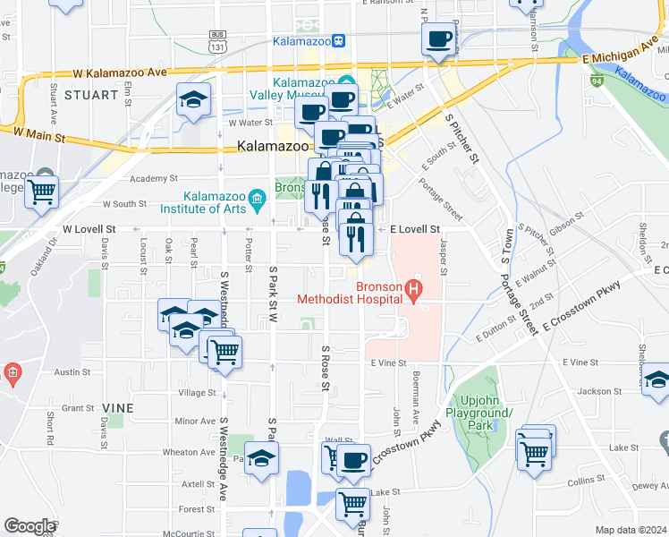 map of restaurants, bars, coffee shops, grocery stores, and more near 125 West Cedar Street in Kalamazoo