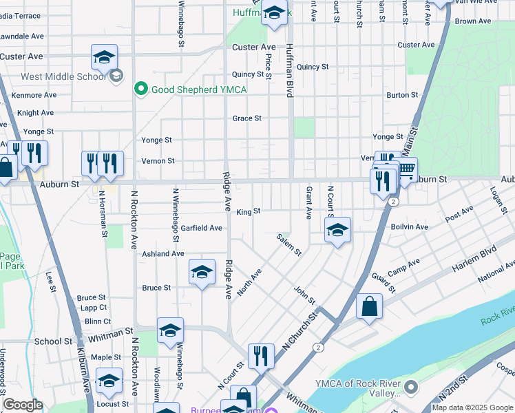 map of restaurants, bars, coffee shops, grocery stores, and more near 823 King Street in Rockford