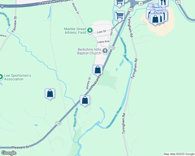 map of restaurants, bars, coffee shops, grocery stores, and more near 495 Marble Street in Lee