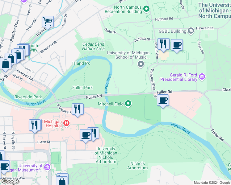map of restaurants, bars, coffee shops, grocery stores, and more near 1885 Fuller Road in Ann Arbor