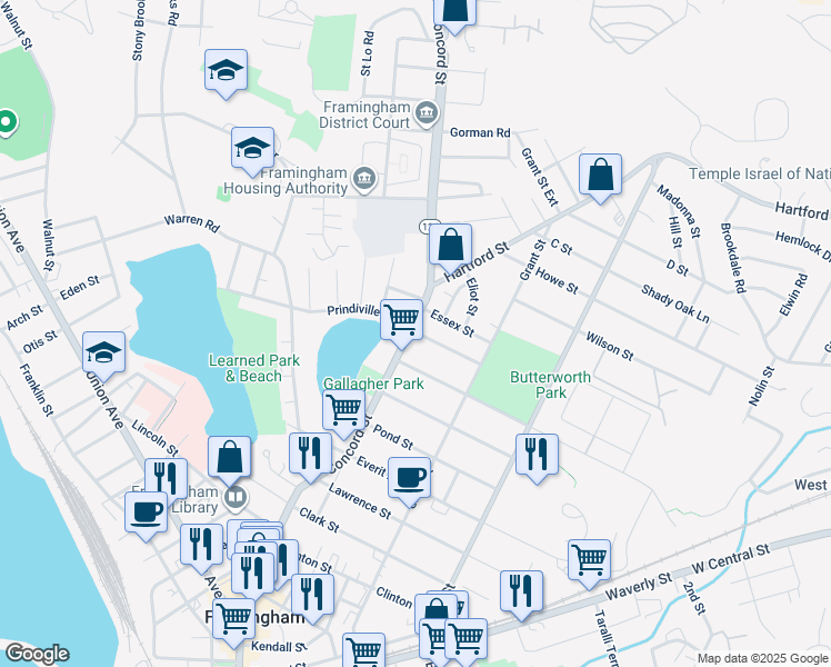 map of restaurants, bars, coffee shops, grocery stores, and more near 5 Burdette Avenue in Framingham