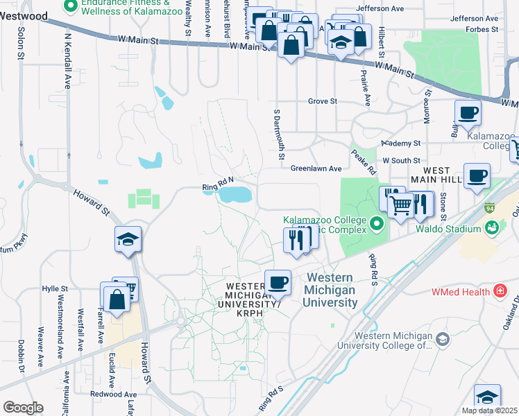 map of restaurants, bars, coffee shops, grocery stores, and more near Gilkison Avenue in Kalamazoo