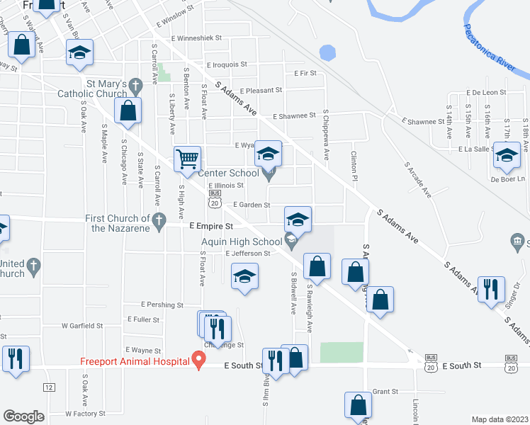 map of restaurants, bars, coffee shops, grocery stores, and more near 1208 South Miami Avenue in Freeport