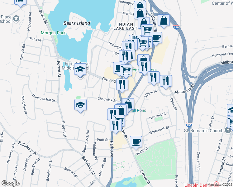 map of restaurants, bars, coffee shops, grocery stores, and more near 419 Grove Street in Worcester