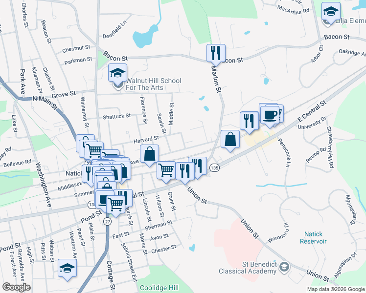 map of restaurants, bars, coffee shops, grocery stores, and more near 104 North Avenue in Natick