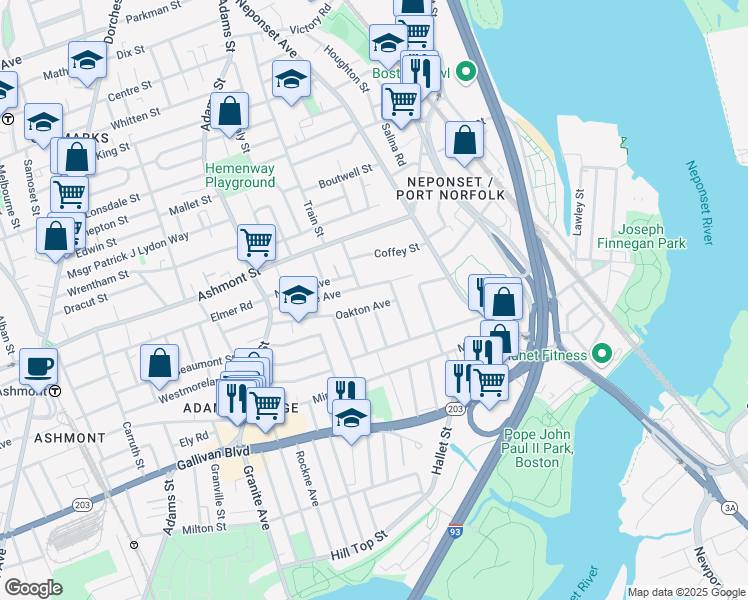 map of restaurants, bars, coffee shops, grocery stores, and more near 86 Pierce Avenue in Boston
