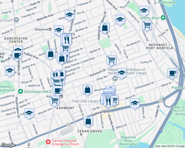 map of restaurants, bars, coffee shops, grocery stores, and more near in Boston