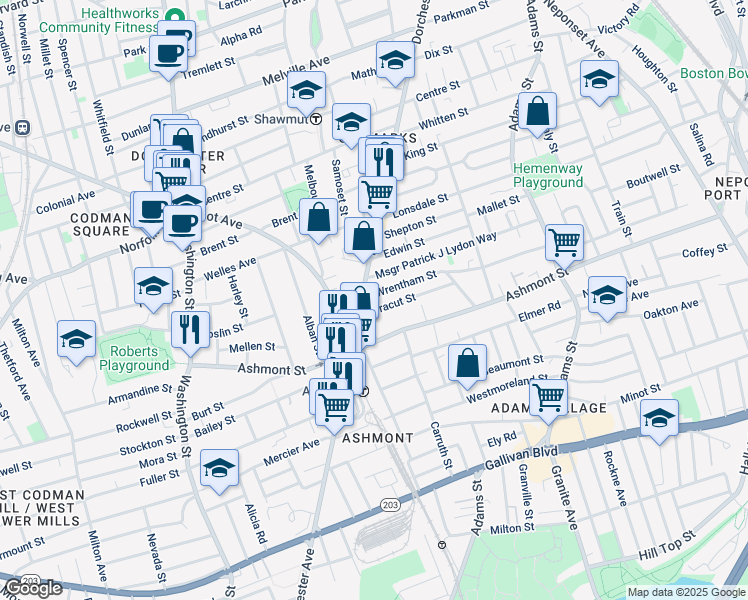 map of restaurants, bars, coffee shops, grocery stores, and more near 1847 Dorchester Avenue in Boston