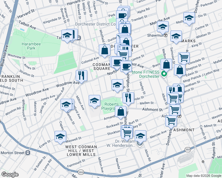 map of restaurants, bars, coffee shops, grocery stores, and more near 43 Withington Street in Boston