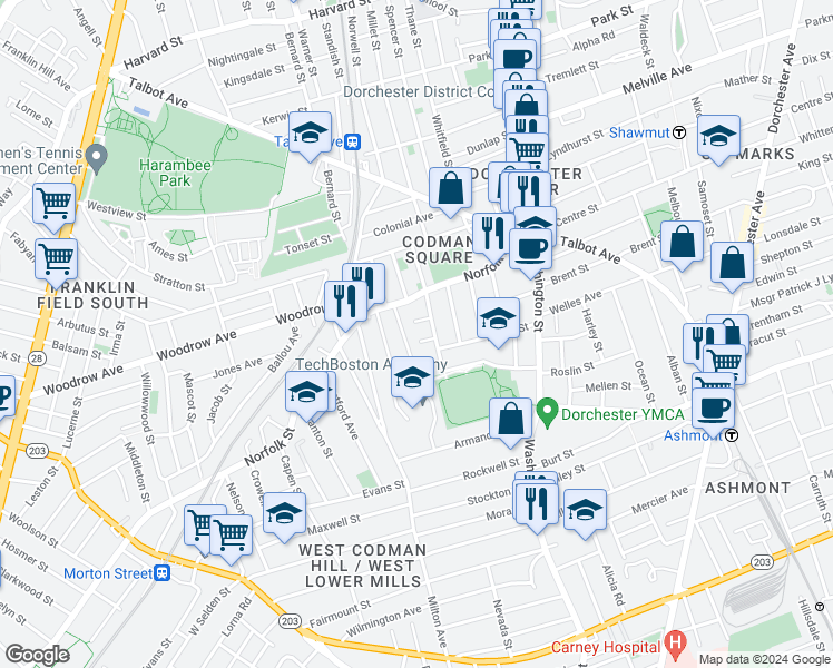 map of restaurants, bars, coffee shops, grocery stores, and more near 9 Claridge Terrace in Boston
