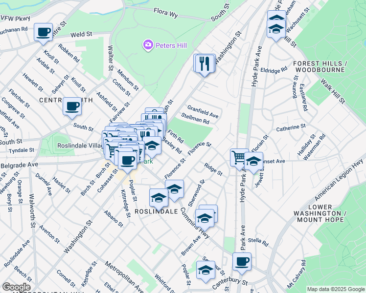 map of restaurants, bars, coffee shops, grocery stores, and more near 50 Firth Road in Boston