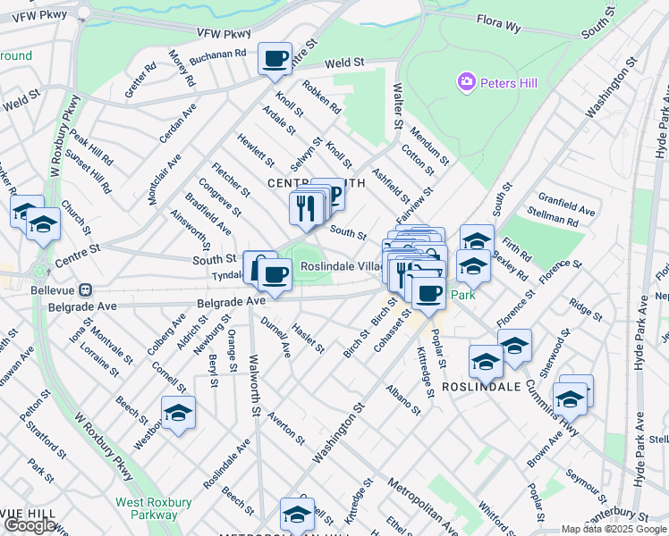 map of restaurants, bars, coffee shops, grocery stores, and more near 61-63 Robert Street in Boston