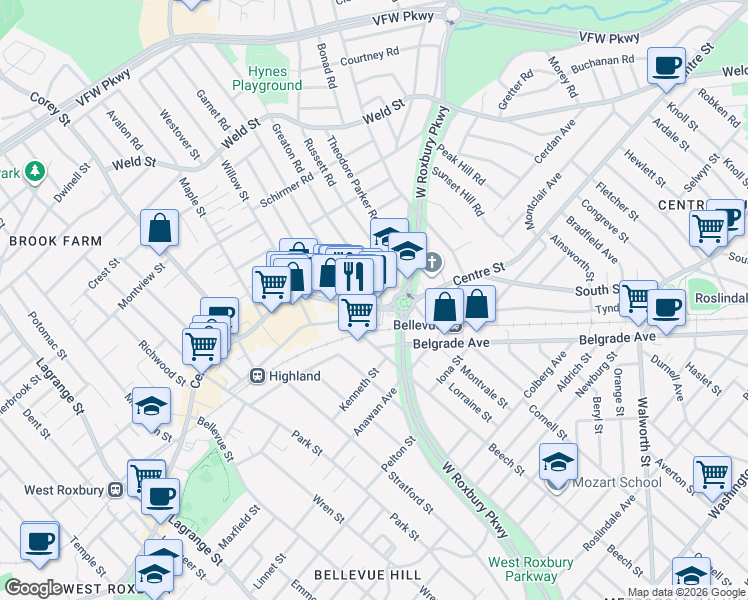 map of restaurants, bars, coffee shops, grocery stores, and more near 10 Greaton Road in Boston