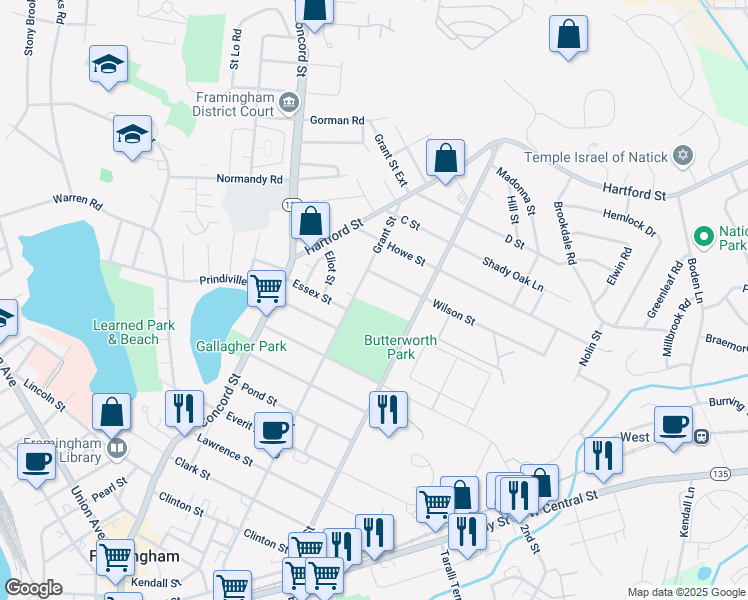 map of restaurants, bars, coffee shops, grocery stores, and more near 307 Grant Street in Framingham