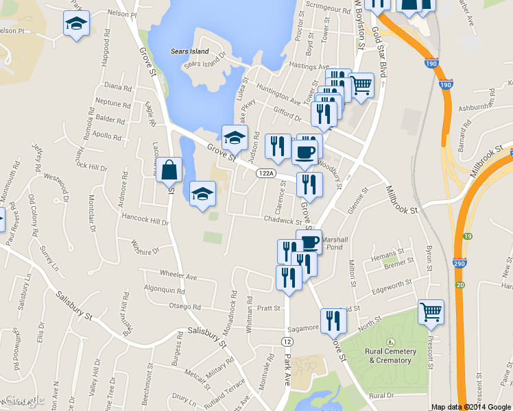 map of restaurants, bars, coffee shops, grocery stores, and more near 485 Grove Street in Worcester