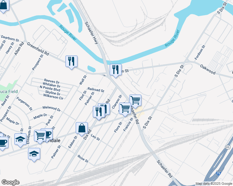 map of restaurants, bars, coffee shops, grocery stores, and more near 2745 Schaefer Road in Melvindale