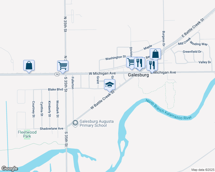 map of restaurants, bars, coffee shops, grocery stores, and more near 30 Grove in Galesburg