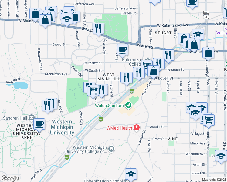 map of restaurants, bars, coffee shops, grocery stores, and more near 421 Monroe Street in Kalamazoo