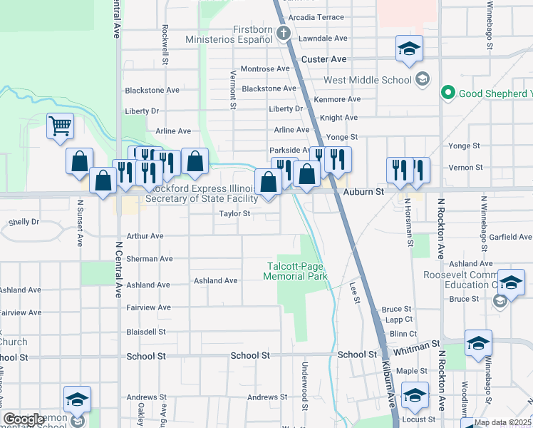 map of restaurants, bars, coffee shops, grocery stores, and more near 3216 Auburn Street in Rockford