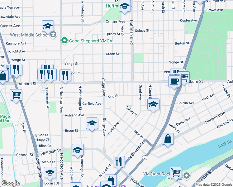 map of restaurants, bars, coffee shops, grocery stores, and more near 1303 Garrison Avenue in Rockford