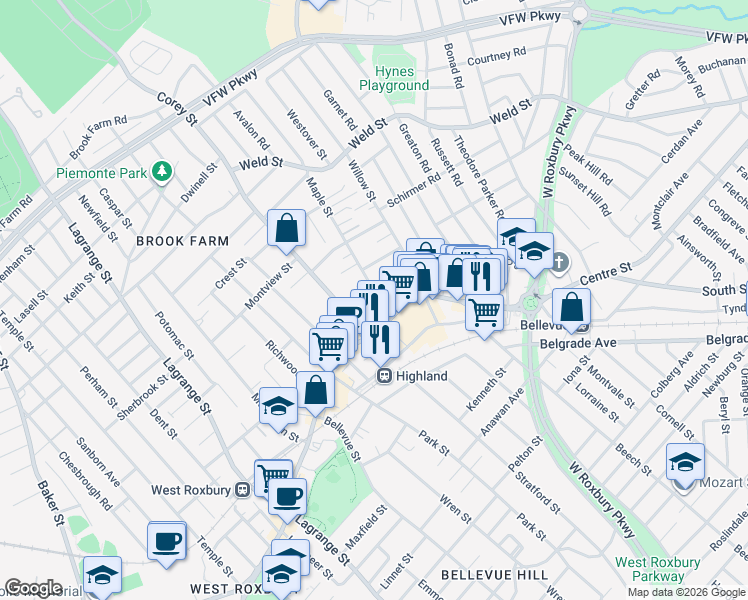 map of restaurants, bars, coffee shops, grocery stores, and more near 20 Maple Street in Boston