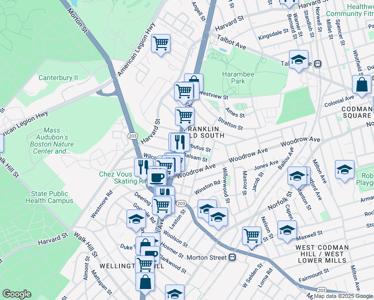 map of restaurants, bars, coffee shops, grocery stores, and more near 10 Arbutus Street in Boston