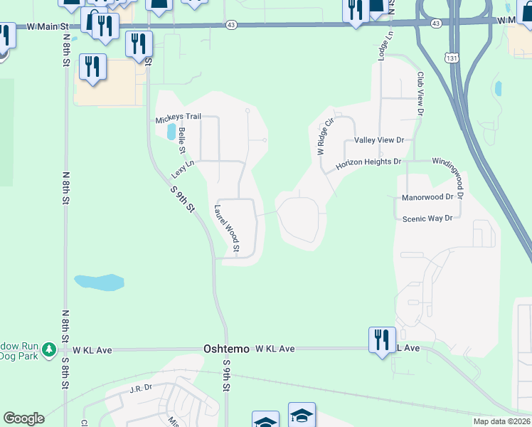 map of restaurants, bars, coffee shops, grocery stores, and more near Wood Hollow Court in Kalamazoo County