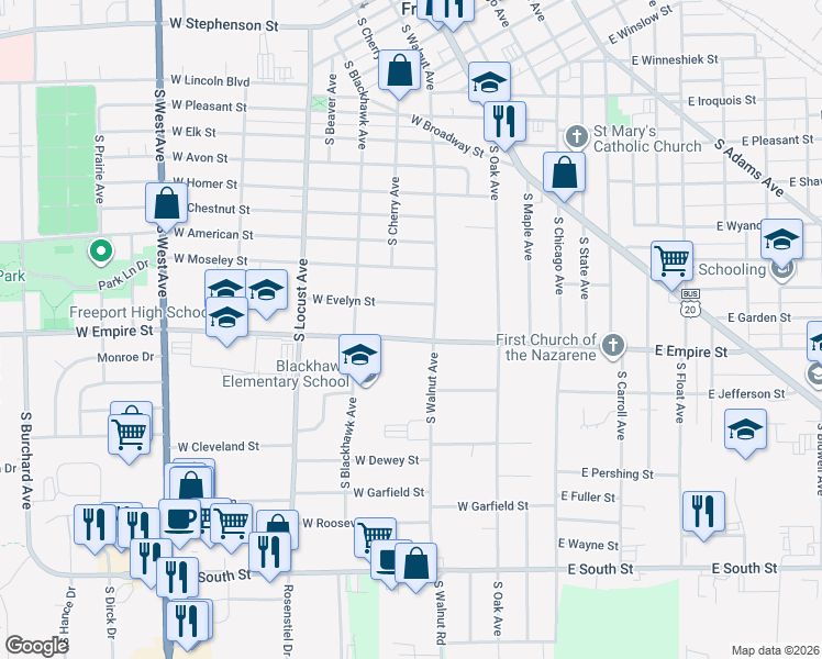map of restaurants, bars, coffee shops, grocery stores, and more near 317 West Evelyn Street in Freeport