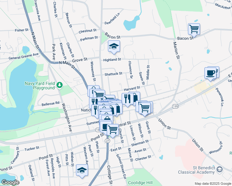 map of restaurants, bars, coffee shops, grocery stores, and more near 14 David Drive in Natick