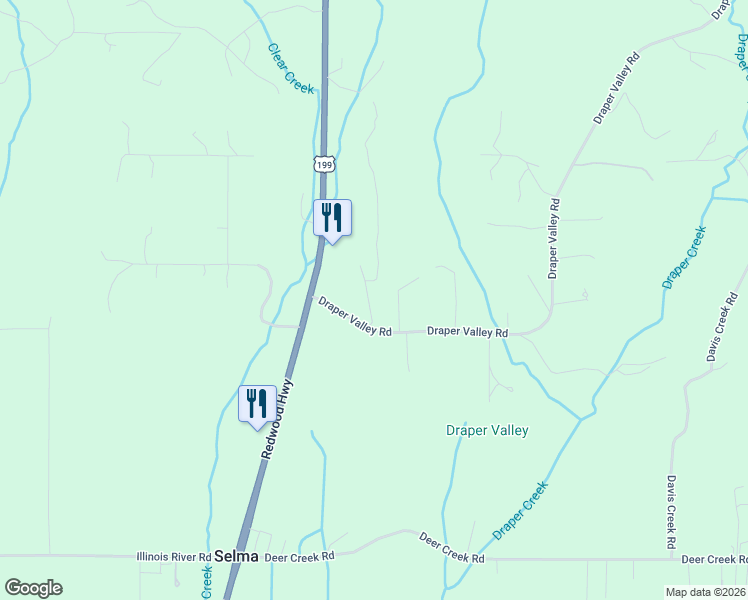 map of restaurants, bars, coffee shops, grocery stores, and more near 132 Draper Valley Road in Selma