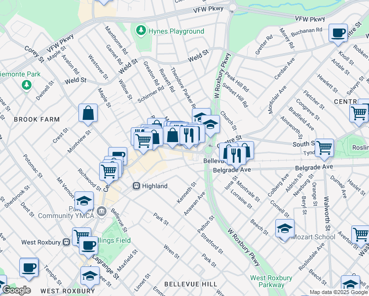 map of restaurants, bars, coffee shops, grocery stores, and more near 10 Greaton Road in Boston
