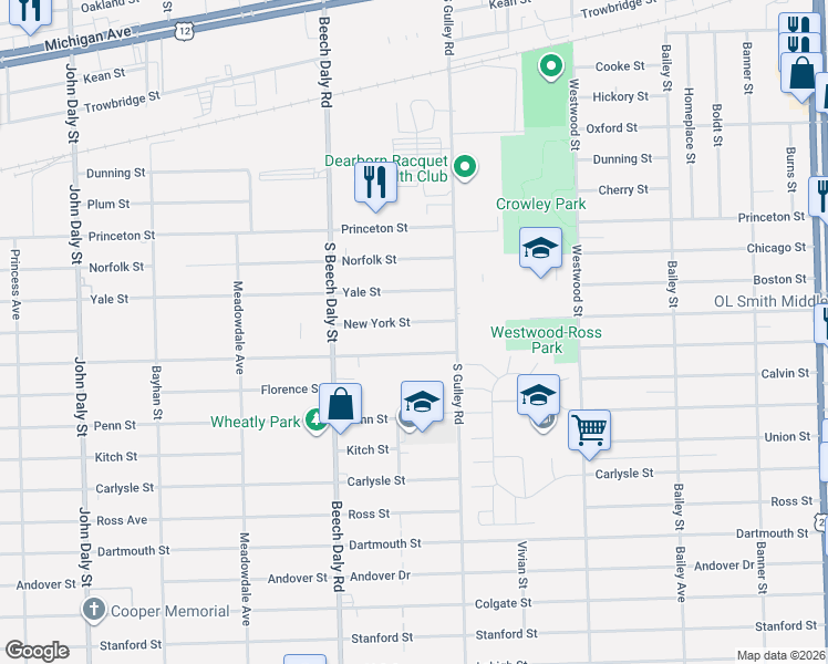 map of restaurants, bars, coffee shops, grocery stores, and more near 25538 New York Street in Dearborn Heights