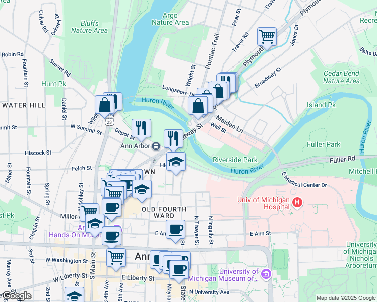 map of restaurants, bars, coffee shops, grocery stores, and more near 800 Broadway Street in Ann Arbor