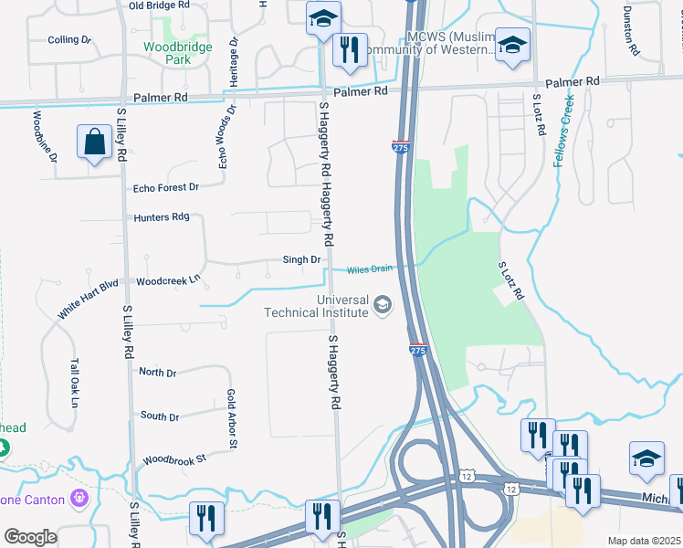 map of restaurants, bars, coffee shops, grocery stores, and more near 2621 South Haggerty Road in Canton