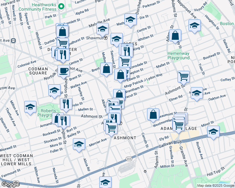map of restaurants, bars, coffee shops, grocery stores, and more near 1847 Dorchester Avenue in Boston