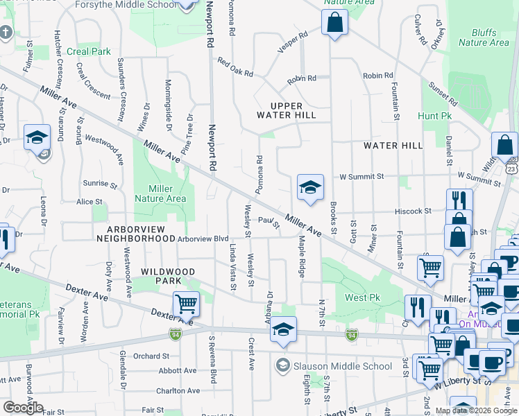 map of restaurants, bars, coffee shops, grocery stores, and more near in Ann Arbor