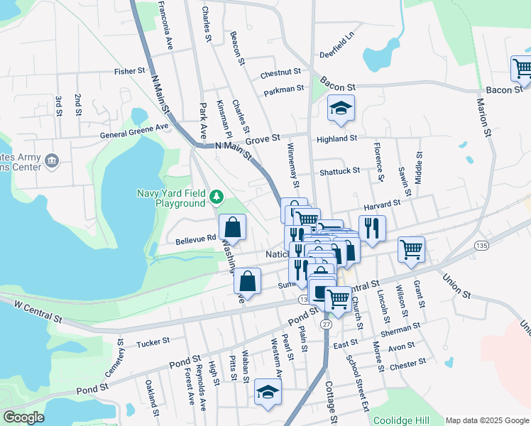map of restaurants, bars, coffee shops, grocery stores, and more near 46 North Main Street in Natick