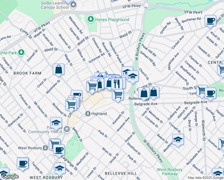 map of restaurants, bars, coffee shops, grocery stores, and more near 5 Redlands Road in Boston